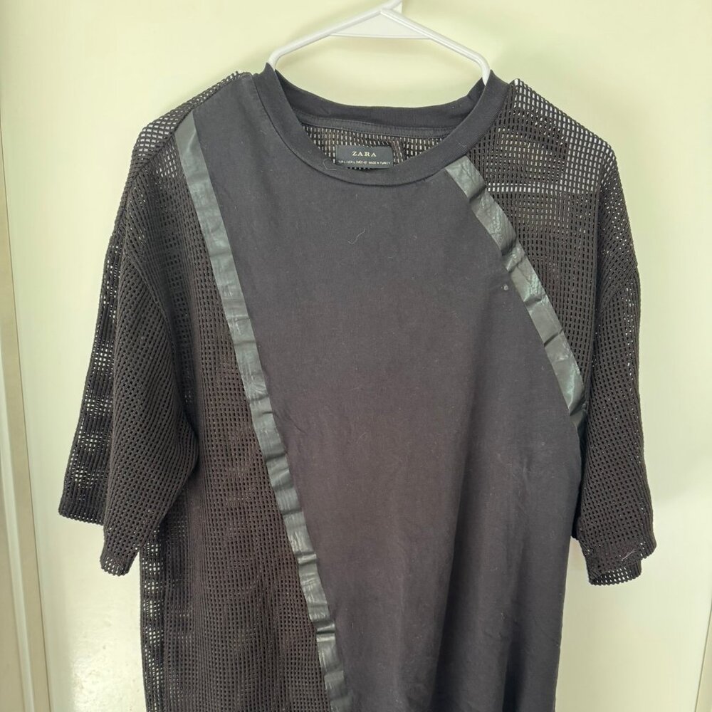 ZARA Mesh Panel Short Sleeve Tee | Size Large | Black Mixed Media Style